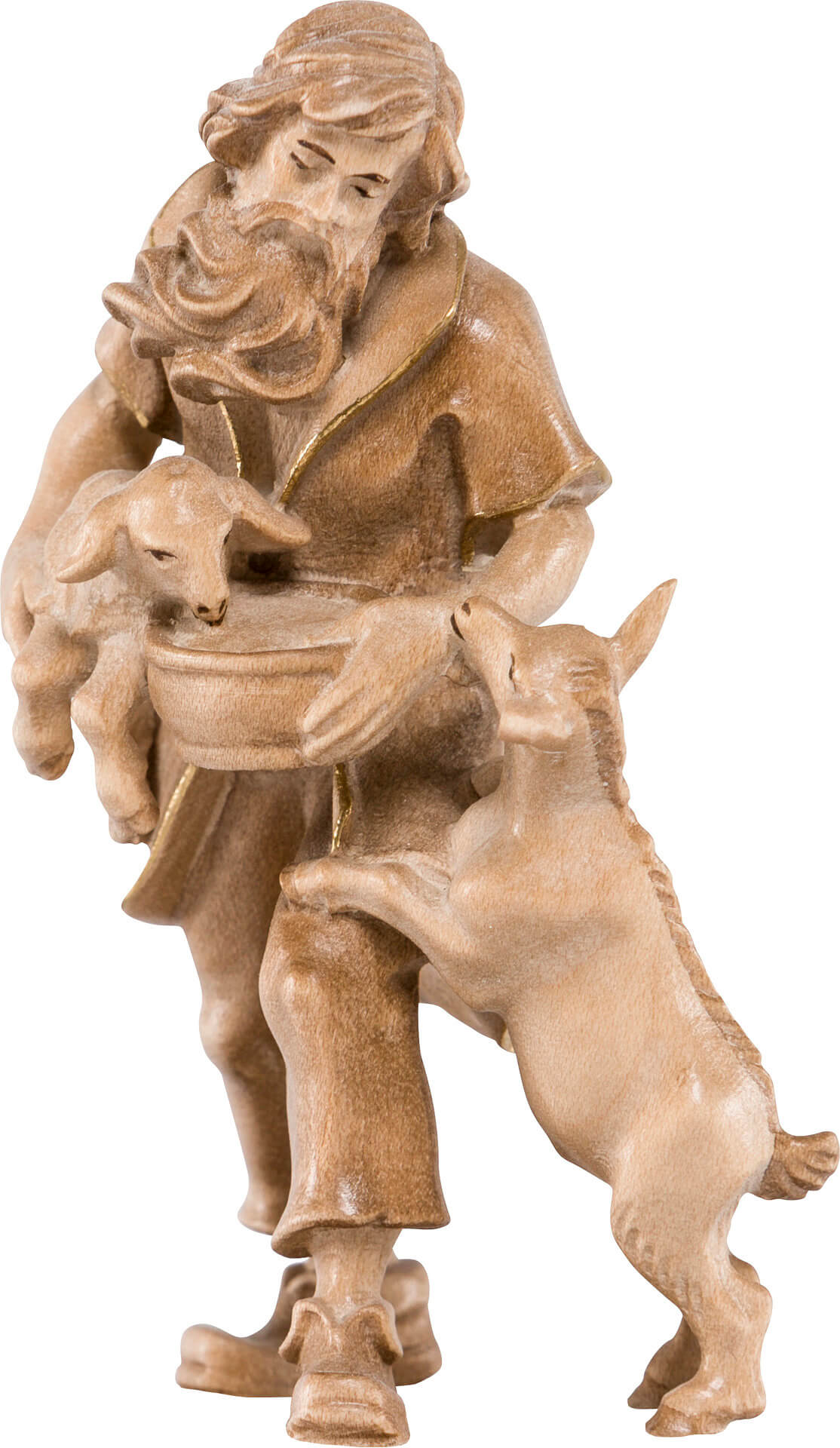 Pastore in piedi con pecora e capra